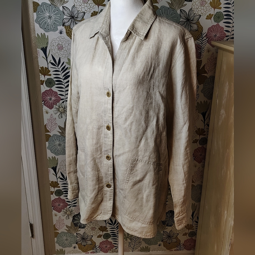 Orvis Women's Cream Button-Up Linen Long sleeve Shacket Chore Coat Size M